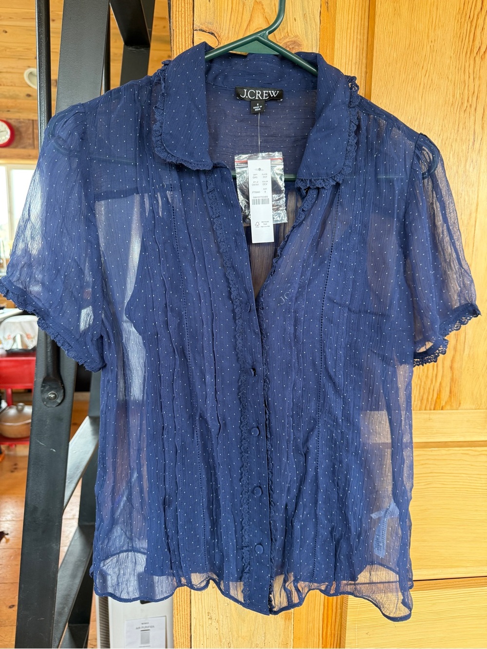 J. Crew Navy Sheer Pintuck Dot Blouse